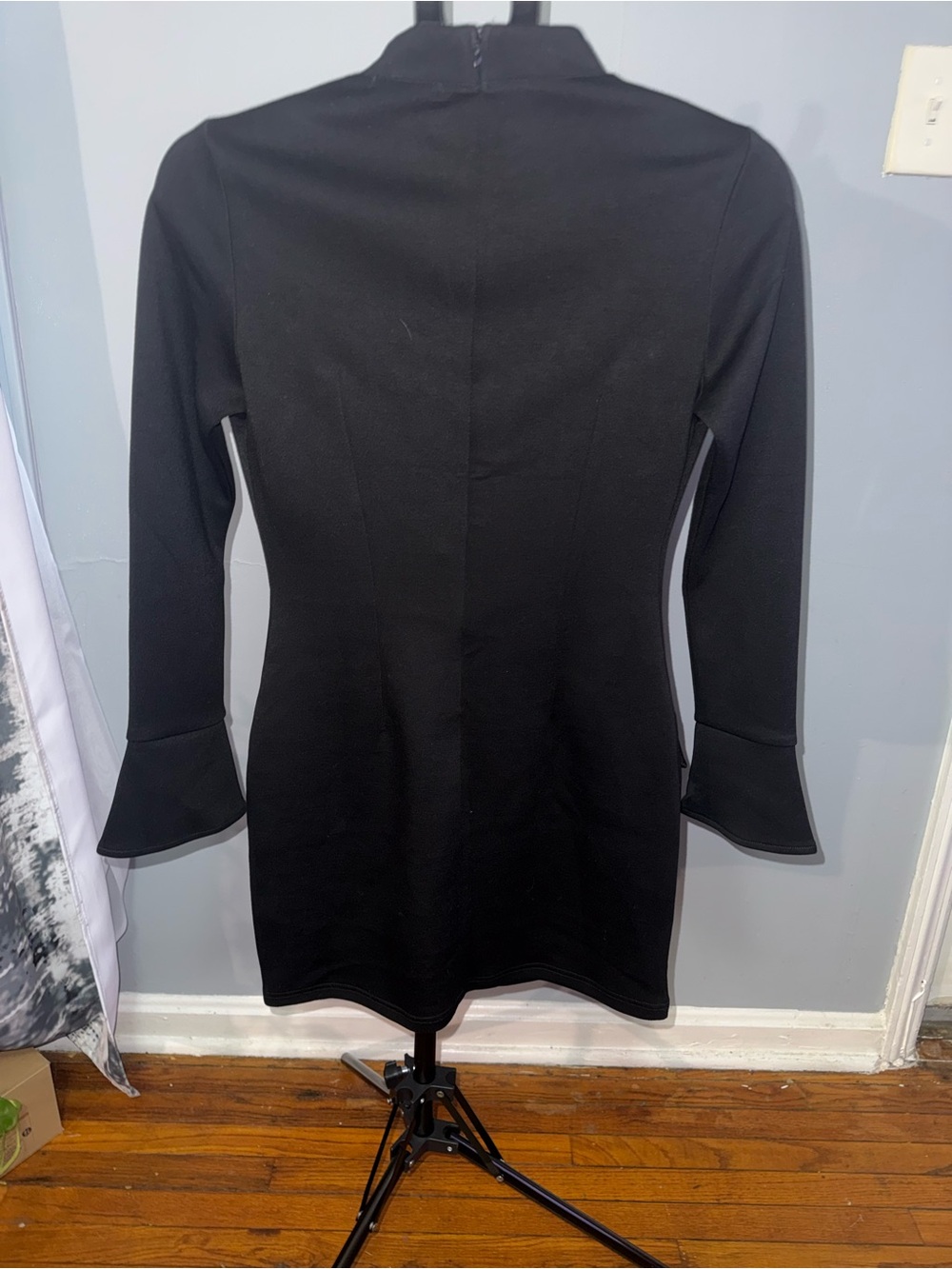 OFEFAN Bodycon Mini Dress Small Mock Neck Bell Sleeve NWT Black Cocktail Dress - Picture 3 of 12
